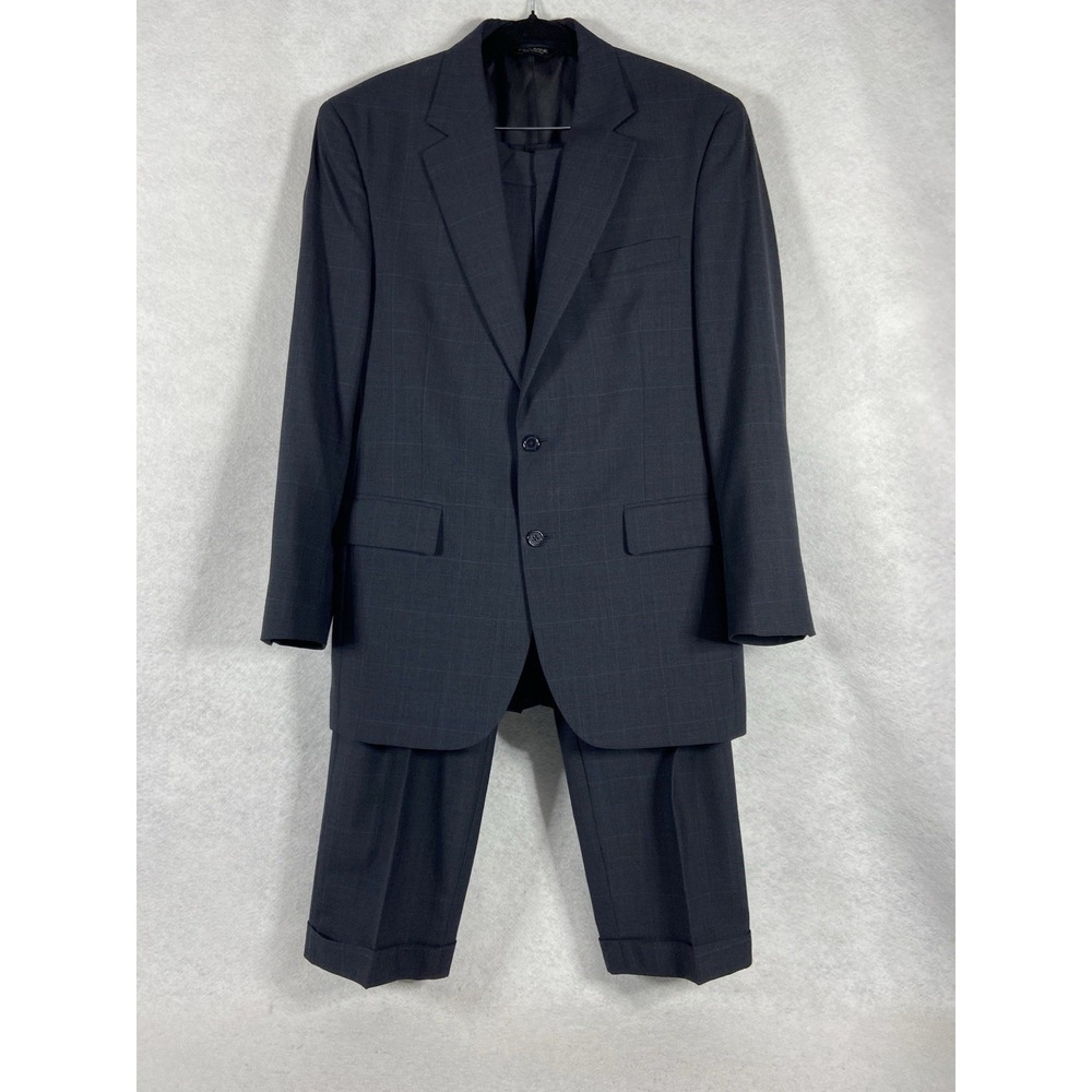 Jos A Bank 2PC Pant Suit Mens 39R Blue Plaid 100% Wool Business Classic